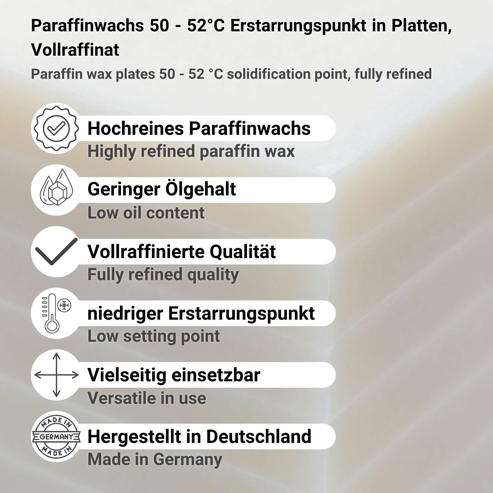 Paraffinwachs 50 - 52°C Erstarrungspunkt in Platten, Vollraffinat GER